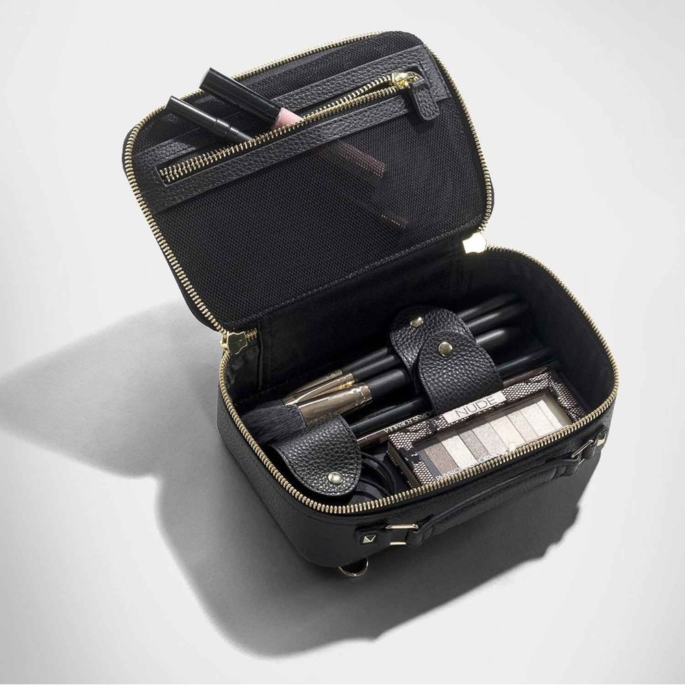 Bandolier Black Leather Cosmetic Case with Gold Hardware